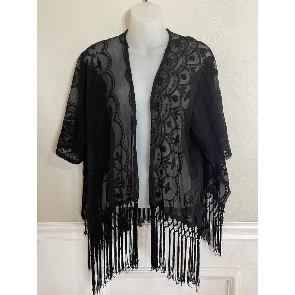 Black Floral Fringe Lace Fringe Shawl Wrap One Size Whimsigoth Dark Romantic